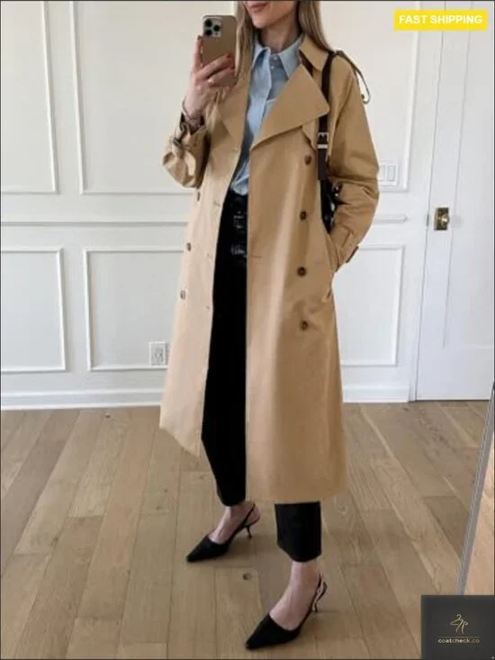 Classic Trench Coat Long Double Breasted Elegant Fall Overcoat with Belt - Picture 2 of 7